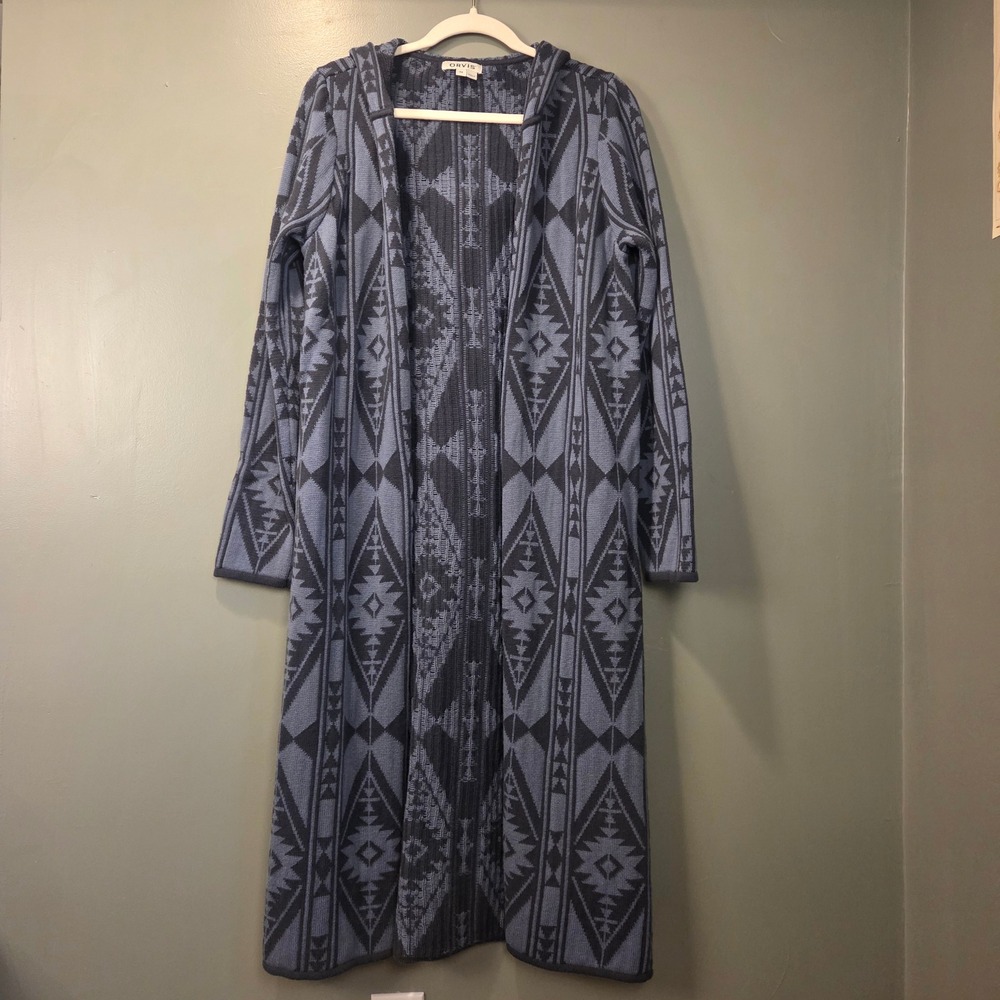 Orvis Women's Open Front Long Cardigan Size M Merino Wool‎ & Cotton Hooded Blue